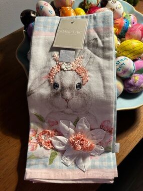 Shabby Chic Pastel Bunny Embellished Tea Towel - Pink & Blue NEW